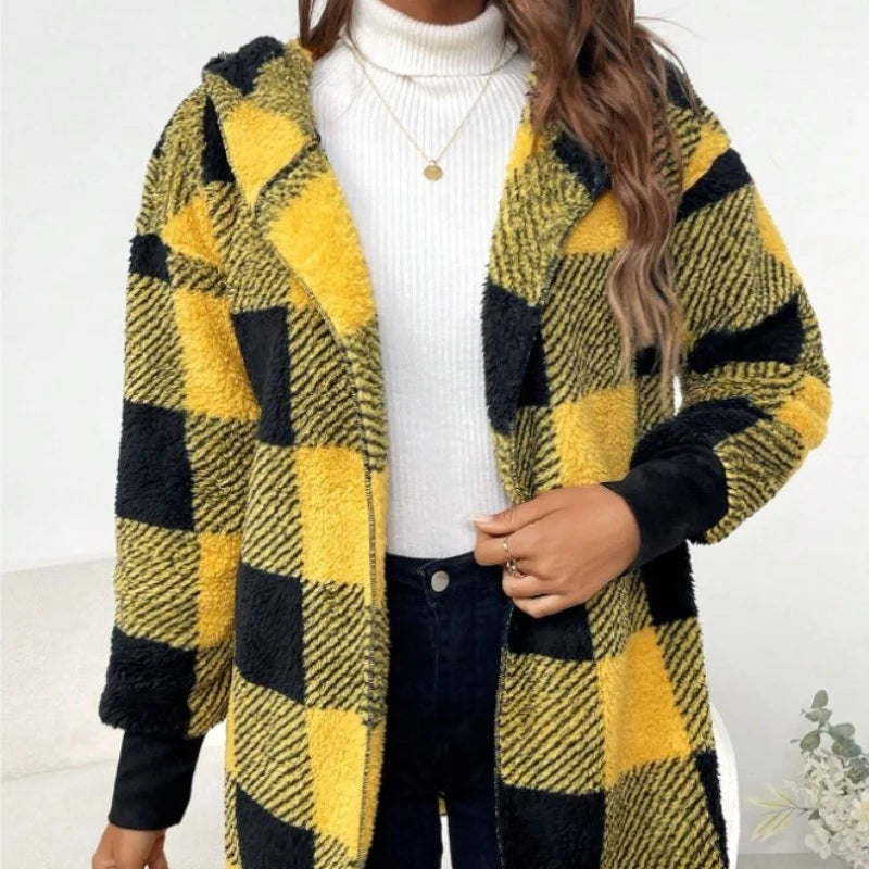 Cardigan Double polaire à carreaux pour femme, doux, ample, manches longues, peluche, chaud, veste à capuche, Patchwork, manteau d'extérieur, automne hiver
