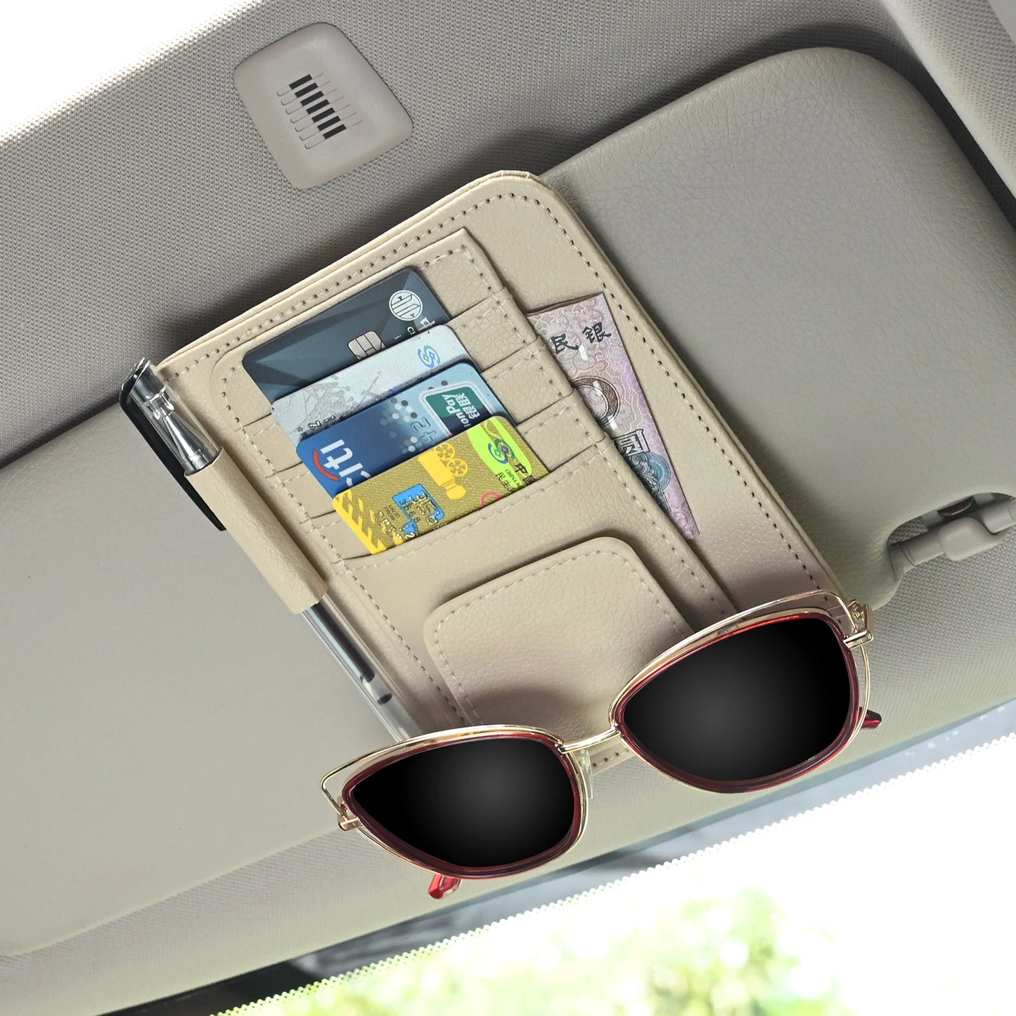 Organisateur Visière Voiture Multi-Poches — Porte-Cartes Lunettes Rangement Anti-Rayures
