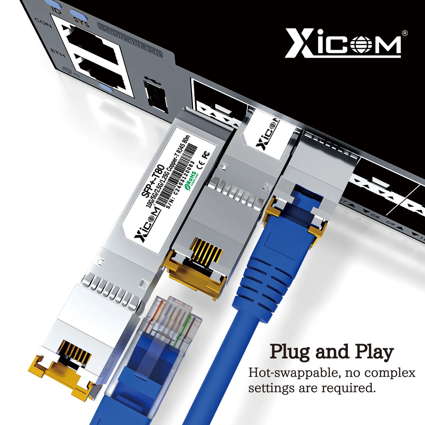 Module émetteur-récepteur SFP+ RJ45 en cuivre 10G — port 80M, compatible 10G/5G/2.5G/1.25G, commutateurs Ethernet