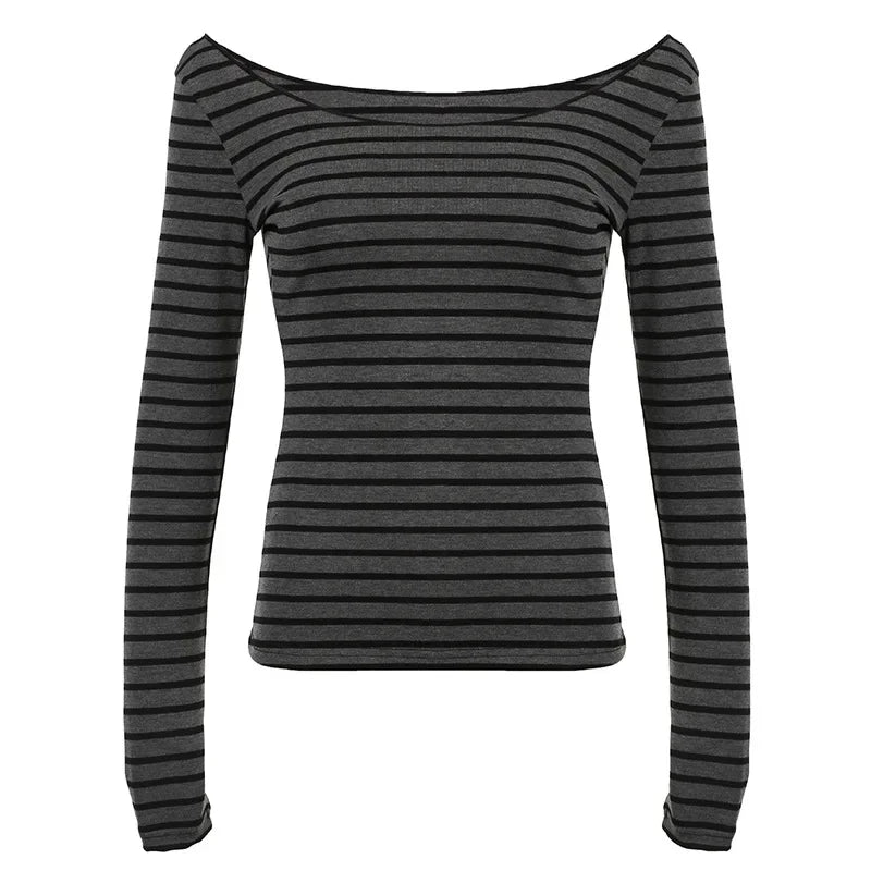 Women's Striped Long Sleeve T-Shirt, New Japanese Basic Styles, Slim, Strapless, Y2K Korean Street Style, Spring Autumn