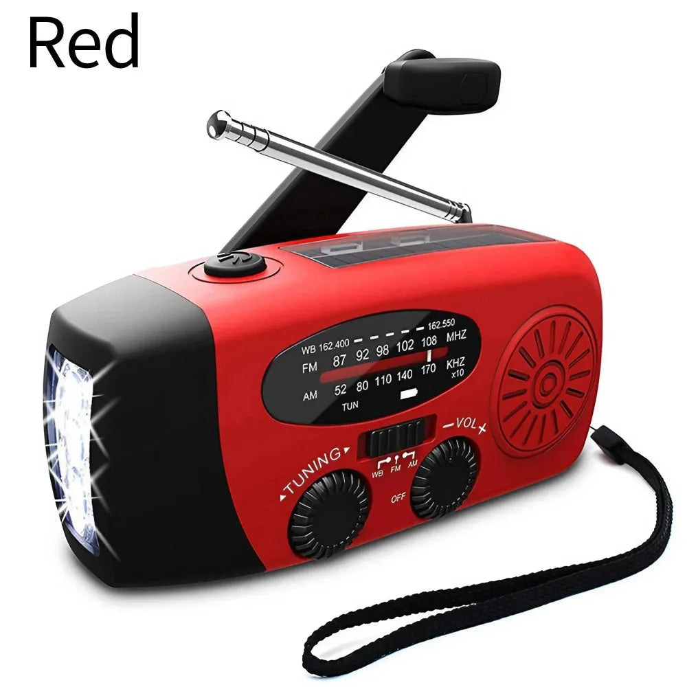 Radio météo d'urgence multifonctionnelle, FM AM WB, manivelle, charge USB solaire, batterie externe 2000mAh, lampe torche LED