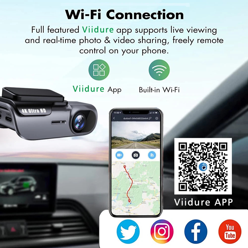 Cámara de salpicadero WIFI 4K 3840x2160P, DVR para coche, grabador de conducción de vídeo, registrador, caja negra, vigilancia 24 horas, visión nocturna