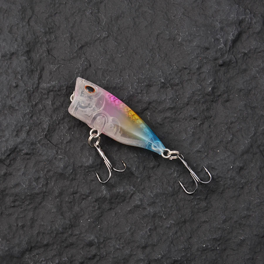 Ensemble de 7 leurres de pêche Mini Popper Crankbaits, yeux 3D, appâts durs, kit de leurres artificiels, wobblers pour la pêche à la traîne, brochet, surface de l'eau, swimbaits