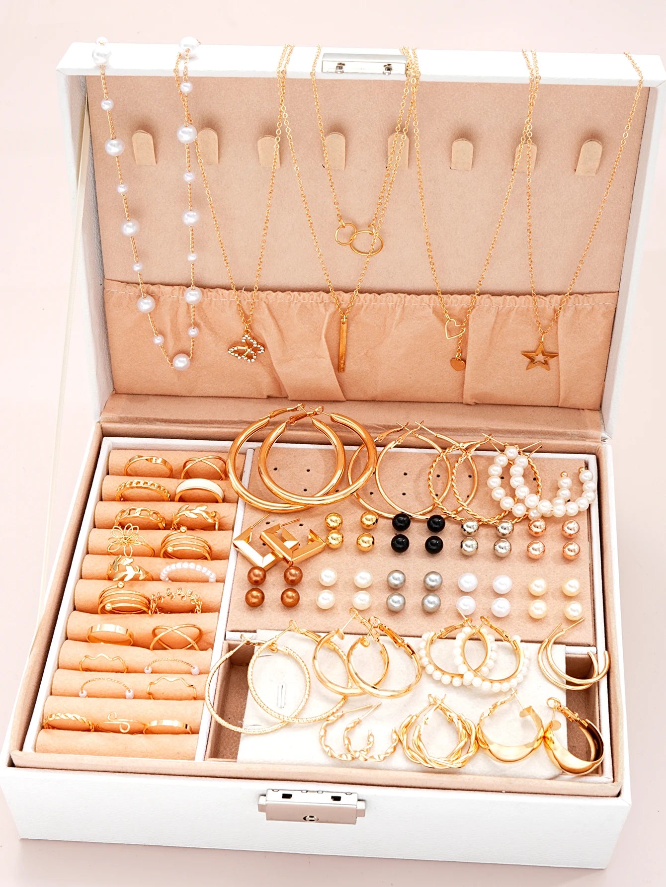 86 Pcs/Set Elegant Pearl Earrings Multilayer Necklace Stud Earrings Rings 4-in-1 Jewelry Set for Women Daily Use Gift (No Box)