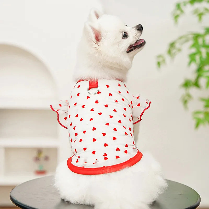 Gilet rafraîchissant fin pour chien, manches volantes en forme de cœur, vêtements d'été pour chien avec anneau en D, Chihuahua Bichon, chemise pour fille, chat, t-shirt en maille pour chien