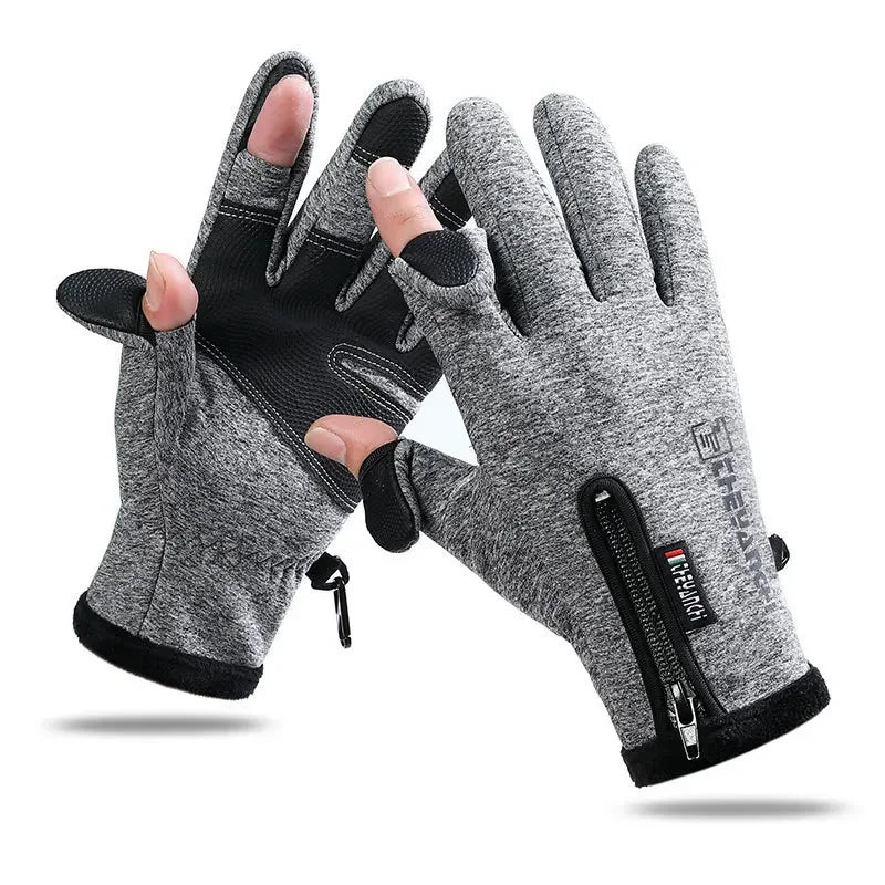 Gants de pêche imperméables d'hiver, 2 doigts, coupe-vent, pour femmes et hommes, Protection chaude en velours, gants de pêche au poisson