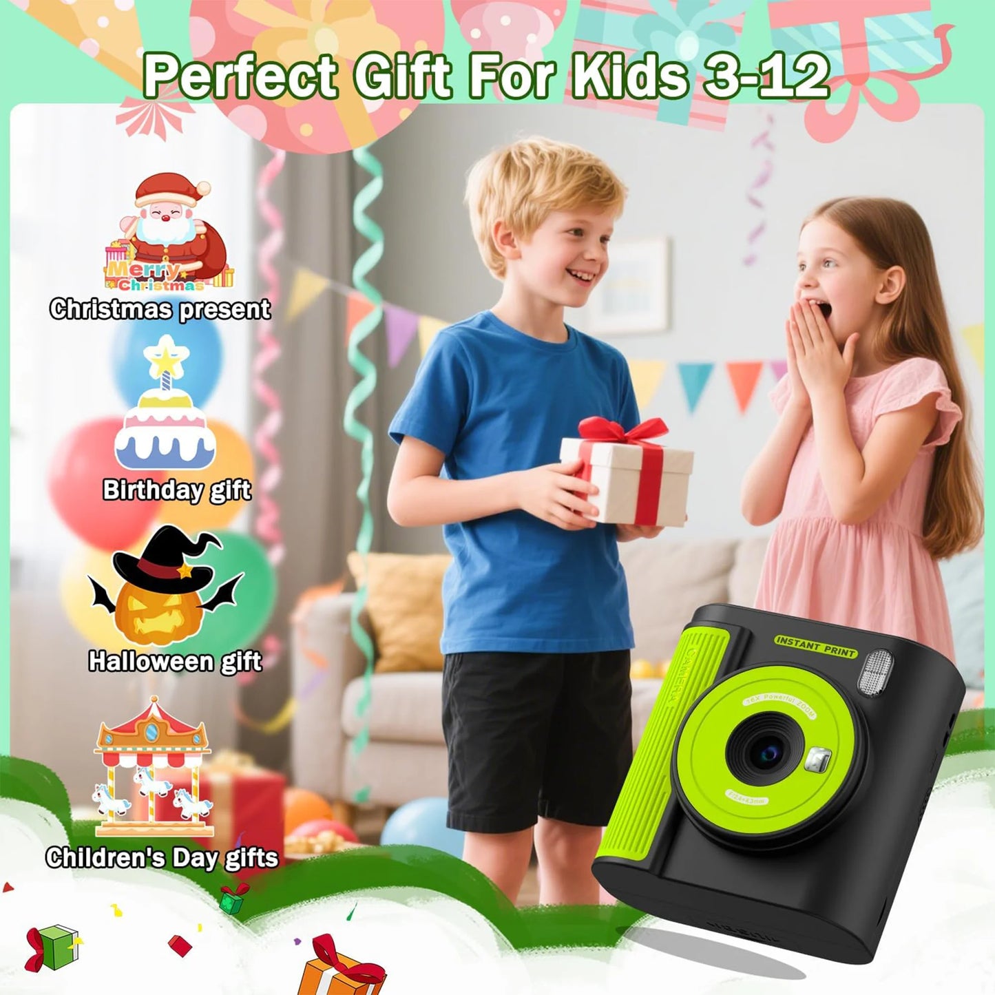 Appareil photo numérique avec impression pour enfants — 3 papiers d'impression, carte 32G, cadeau filles et garçons