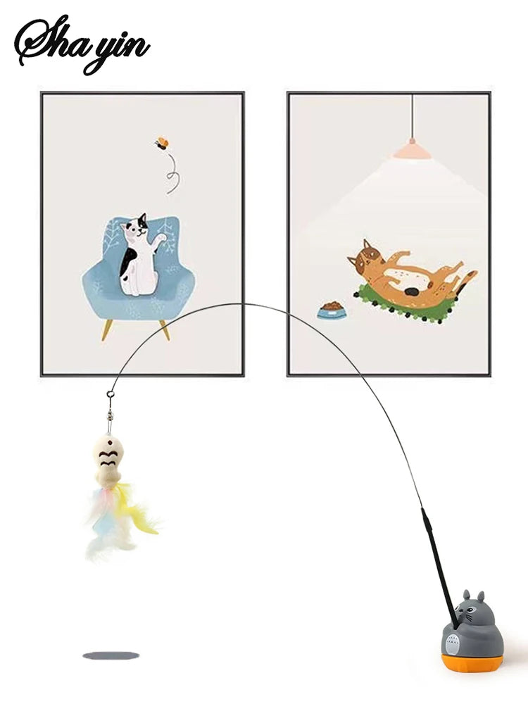 Bâton de pêche et de taquin pour petits chats, rotation à 360 degrés avec cloches à plumes et fil d'acier, 1 pièce