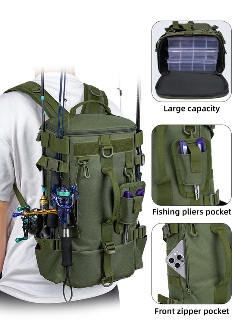 Sac à dos de pêche tactique, sac de matériel avec porte-canne, rangement d'équipement de poisson Molle Camping randonnée sac multifonctionnel en plein air