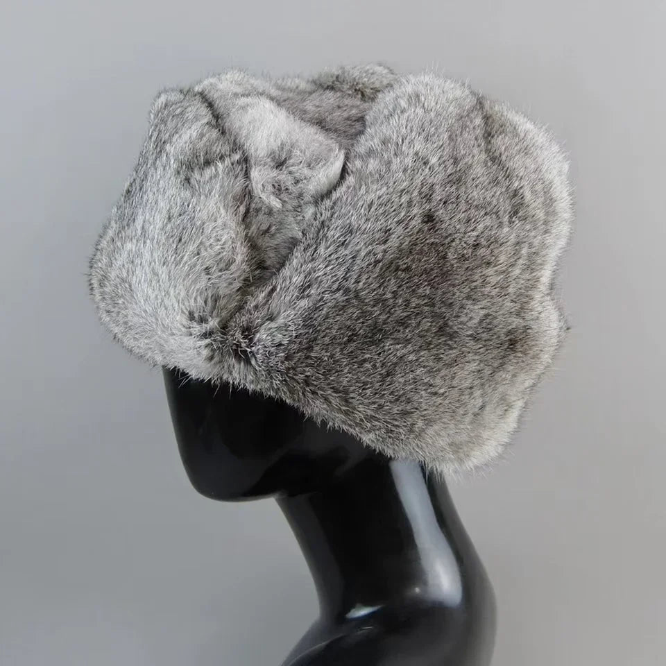 Men's Rabbit Fur Hat Winter Genuine 100% Fur Bomber Hat Warm Windproof Earmuffs Male Flat Grey/Black Russian Fitted Cap
