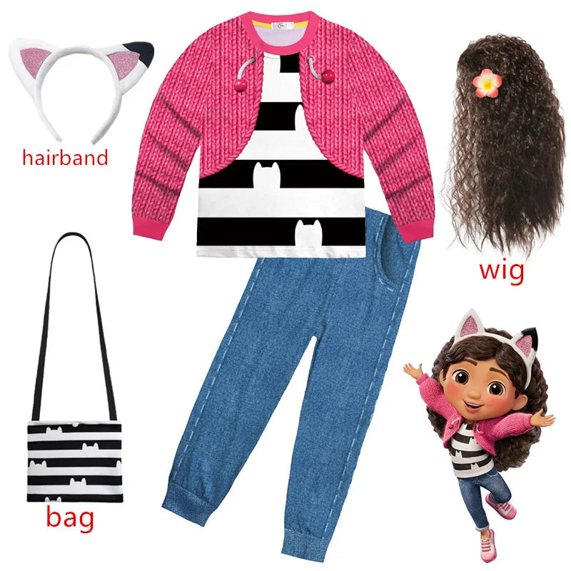 Gabbys D-Dolhouse disfraz para niños peluca conjunto de pijama Gabby Cat niñas camiseta de manga larga + pantalón diadema conjunto de trajes de Halloween para niños