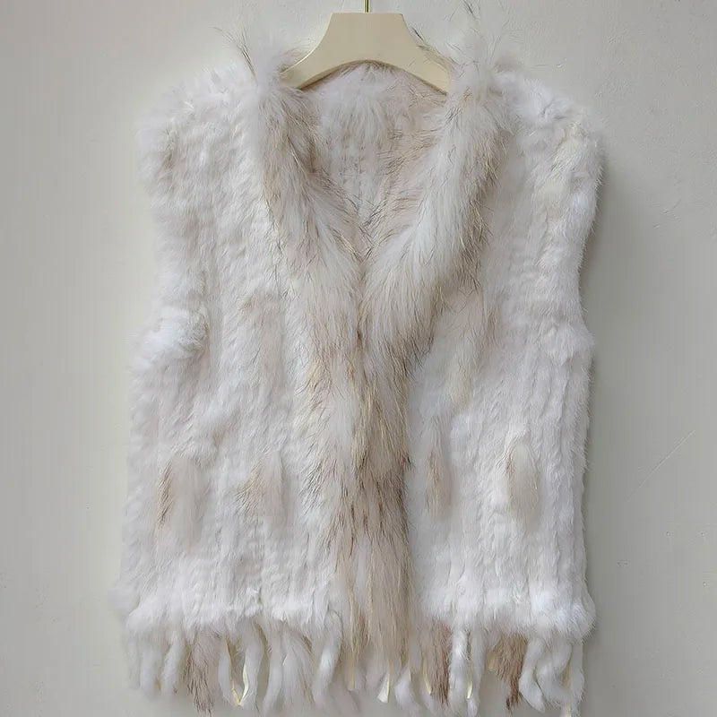 Chaleco de punto de piel de conejo natural auténtica con pompón, chaleco cálido sin mangas para mujer, con ribete de piel de mapache auténtica
