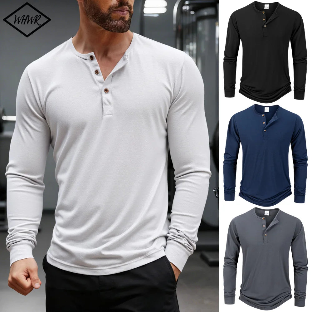 Camiseta Henley de manga larga para hombre, color liso, informal, transpirable, versátil, a la moda, ajustada, otoño
