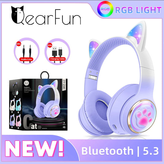Auriculares inalámbricos RGB con orejas de gato para PC, lindos, cápsula espacial 3D, auriculares Bluetooth, auriculares plegables para juegos, regalos para niñas