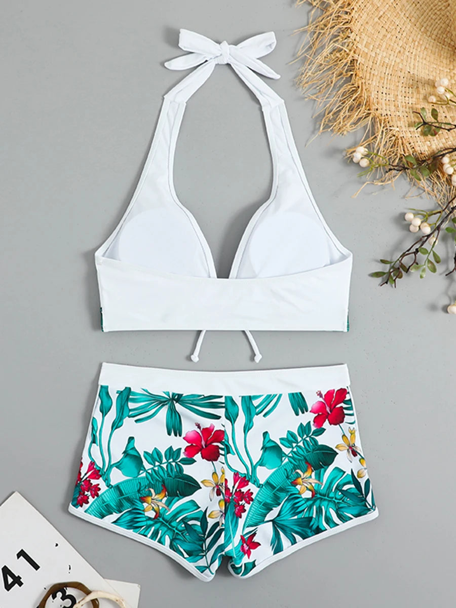 Ensemble de bikini halter 2026, maillot de bain court pour femme, maillot de bain taille haute imprimé, tenue de plage