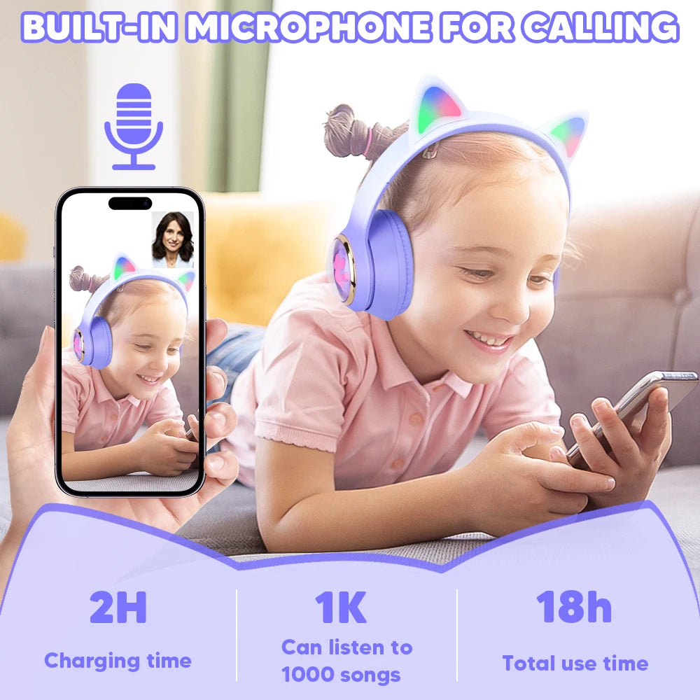 RGB Cat Ear Wireless Headphones for PC, Cute 3D Space Capsule Bluetooth Headset, Foldable Gaming Headphone, Gifts for Kids Girls
