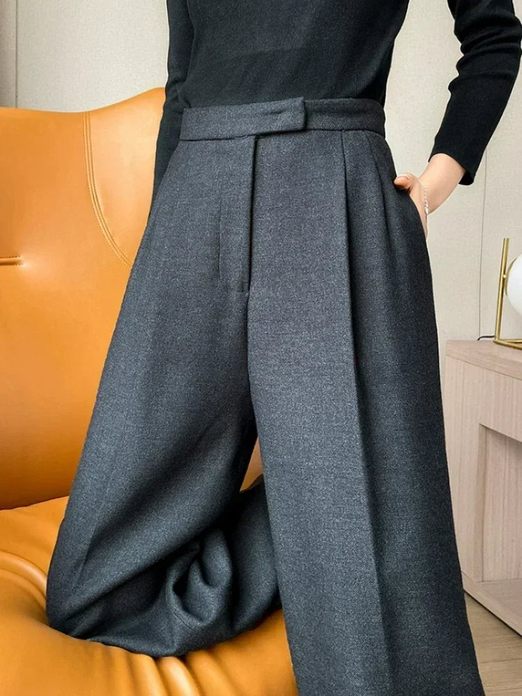 Pantalones rectos de mujer de cintura alta, delgados, informales, de color liso, holgados, elegantes, de pierna ancha, para oficina, a la moda, para otoño