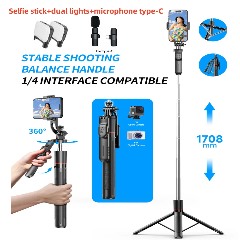 Trépied perche à selfie avec lumière de remplissage — 1708mm, télécommande Bluetooth, rotation 360°, interface 1/4