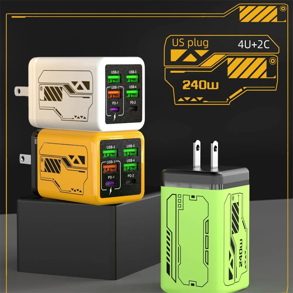 Chargeur USB 240W 6 ports charge rapide — adaptateur mural de voyage, prise EU/US/UK, Type C PD