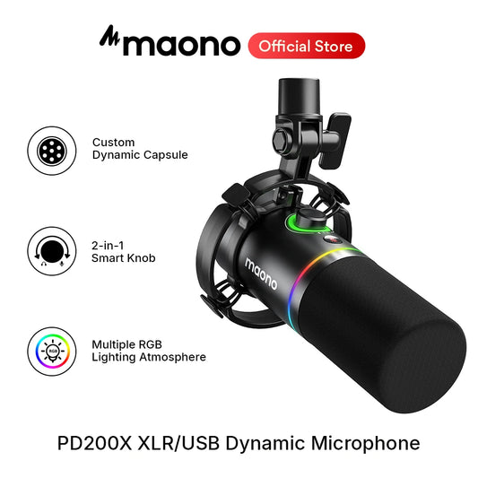 MAONO PD200X – Microphone dynamique XLR/USB avec bouton de gain et Tap-to-Mute pour gaming et streaming