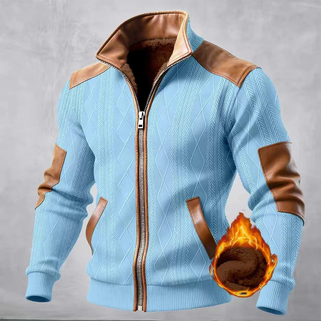 Men's Casual Jacket, textured, jacquard patchwork, fashionable, stand-up collar, warm and comfortable, winter