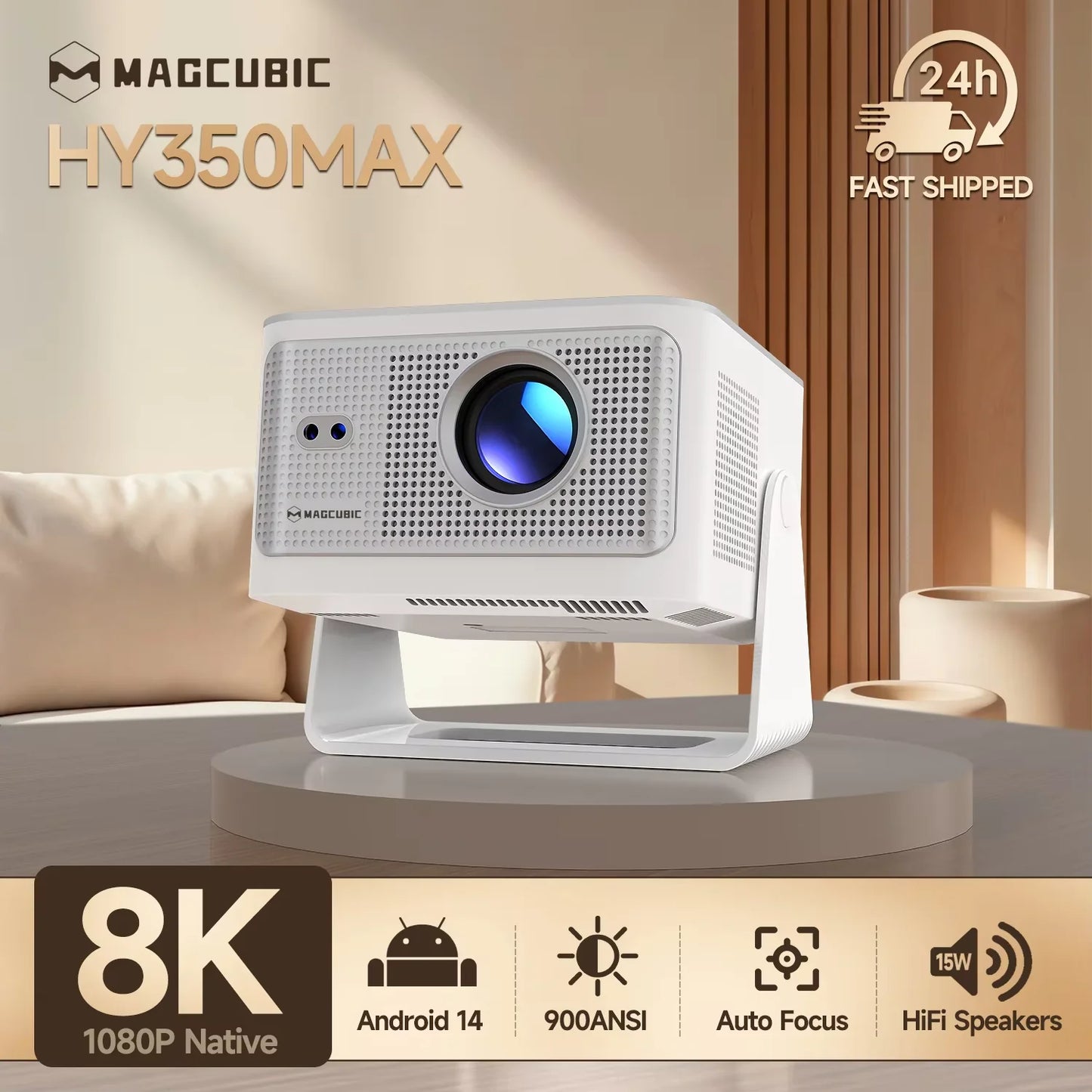 Proyector Magcubic Android 14 900 ANSI con enfoque automático nativo 1080P compatible con 8K con Wifi6 BT5.4, película portátil para exteriores HY350Max