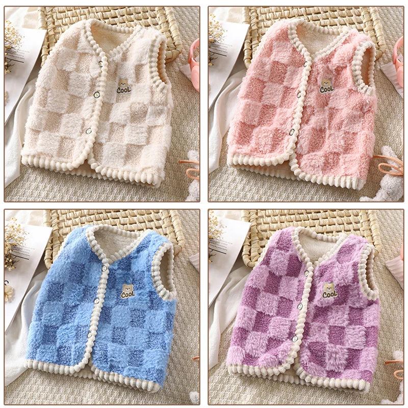 Manteau polaire pour enfants, Gilet chaud Double épaisseur, motif à carreaux, pour garçons et filles, vêtements d'extérieur sans manches, automne et hiver