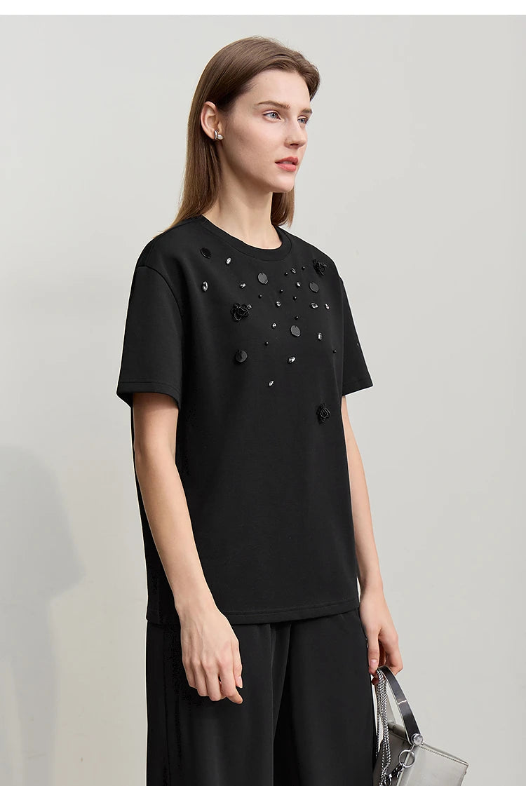T-shirt femme 2026 — col rond, perle tridimensionnelle, fleur, diamant, tricot, ample