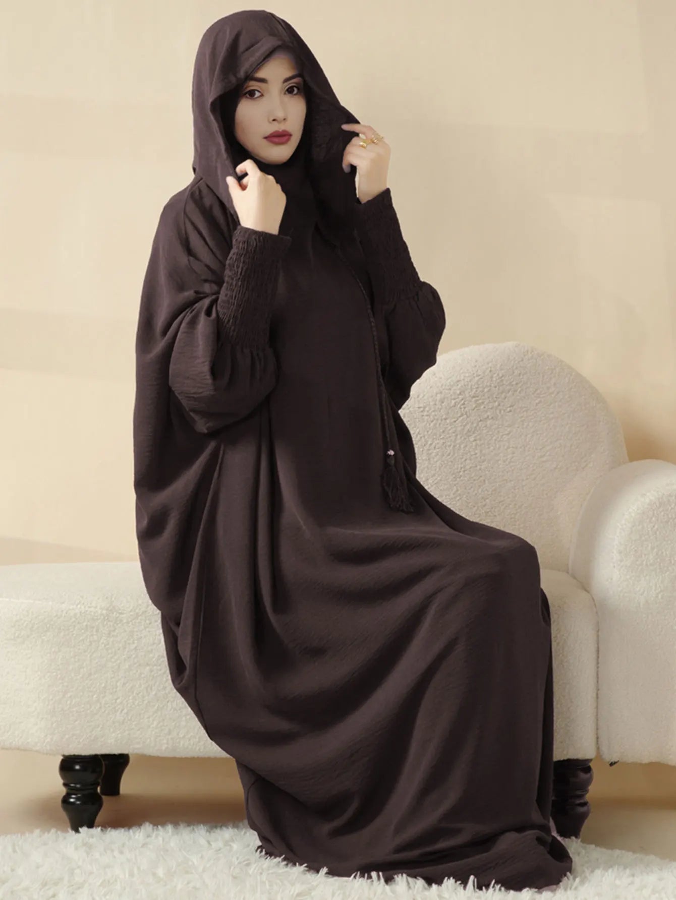Abayas à pompons pour femmes musulmanes, vêtements de prière du Ramadan, Jalaba à capuche, manches chauve-souris décontractées solides, robe arabe financièrement, Djellab Eid