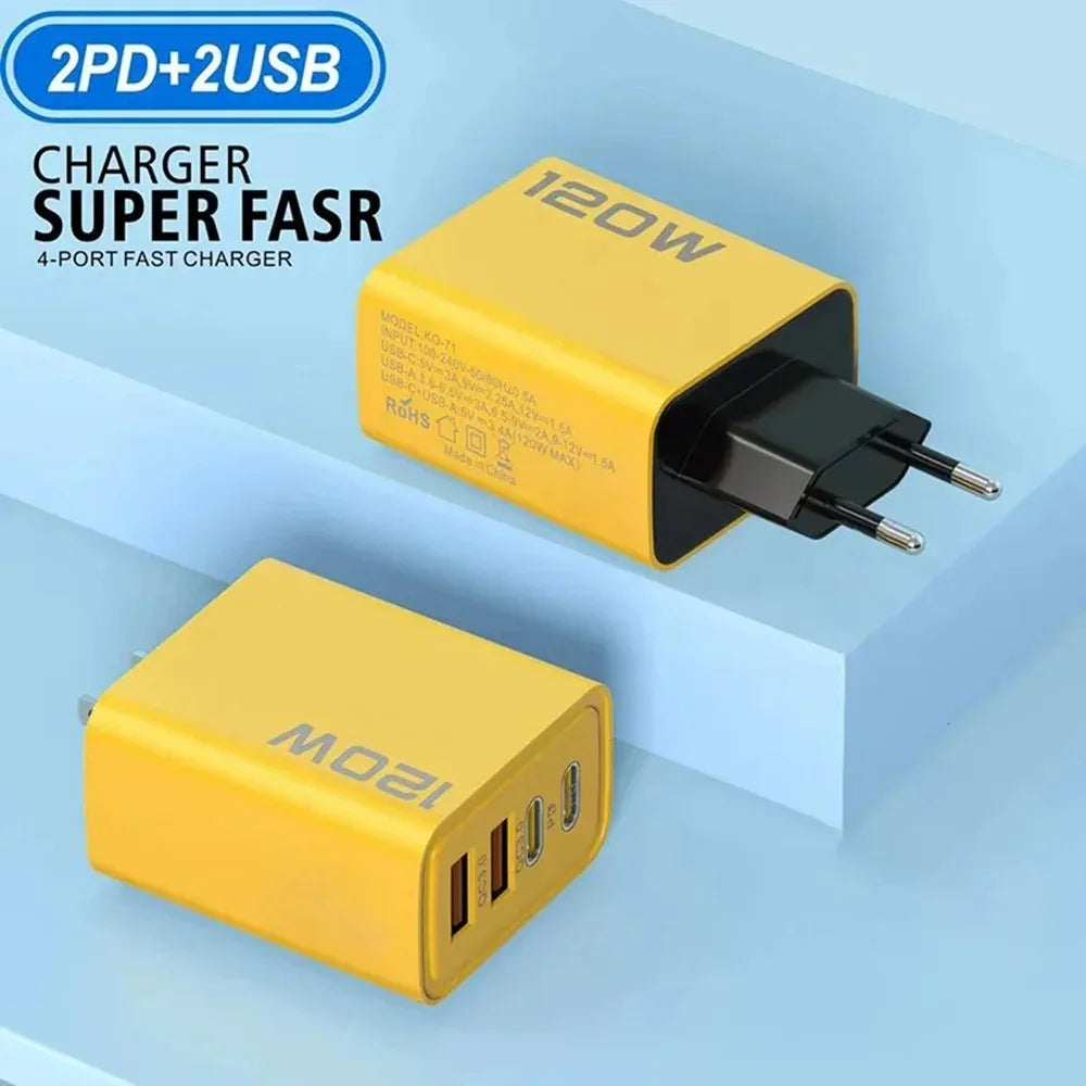 Total 120W USB Fast Charger 4 Ports PD Quick Charge USB 3.0 Type C EU US UK Plug Universal Wall Charger USB C Charging Adapter