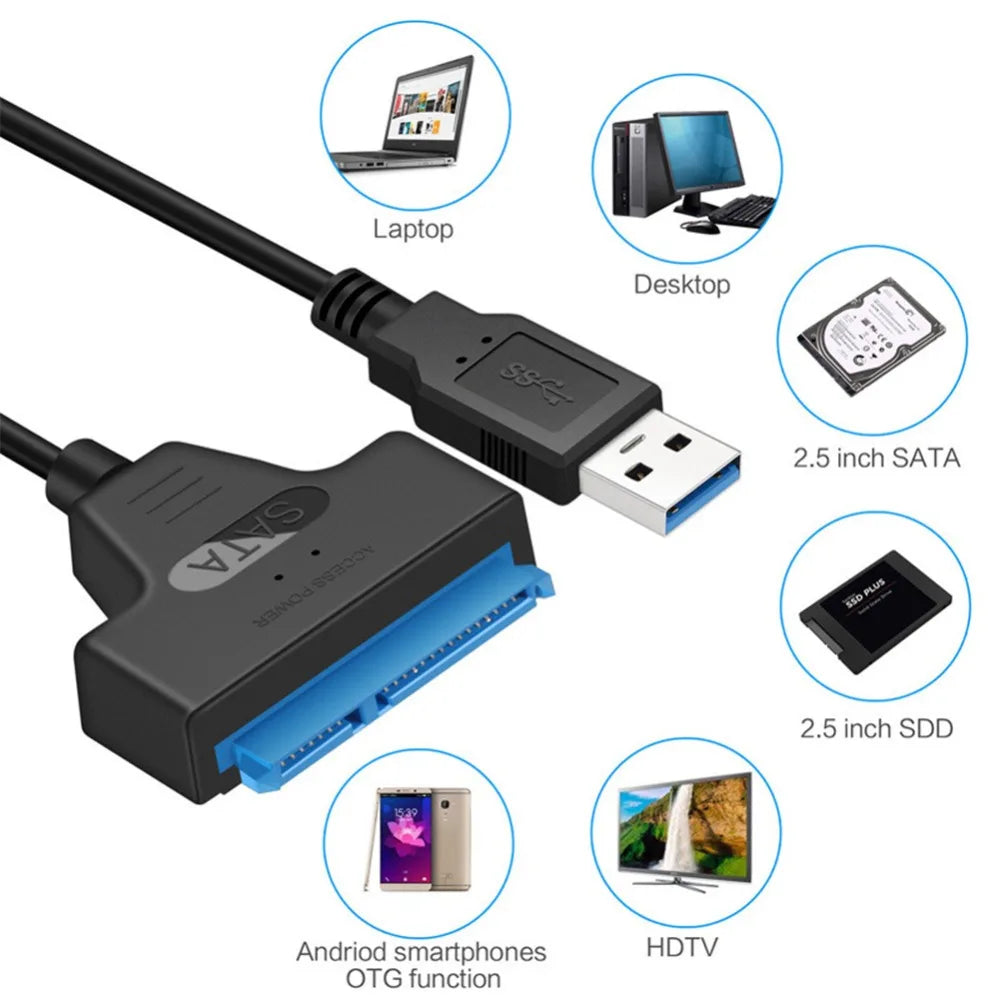 Adaptateur SATA vers USB 3.0/2.0/type-c, câble Sata jusqu'à 6 Gbps, prise en charge du disque dur externe SSD de 2.5 pouces, câble Sata III à 22 broches