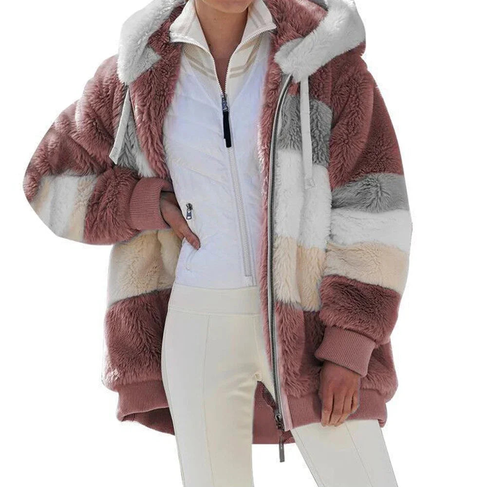 Abrigo de invierno para mujer 2025, chaqueta de mujer con cremallera y capucha, empalmado, cachemira gruesa, chaqueta de mujer, costura a cuadros, abrigos de mujer