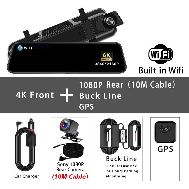 Dashcam Rétroviseur 4K 10" GPS WiFi — Double Lentille IPS Enregistreur Flux