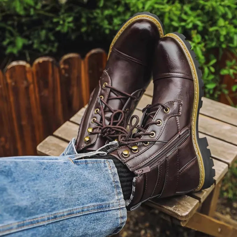 Bottines Moto Homme Cuir Double Zip Style Retro — Grande Taille EU 38–48
