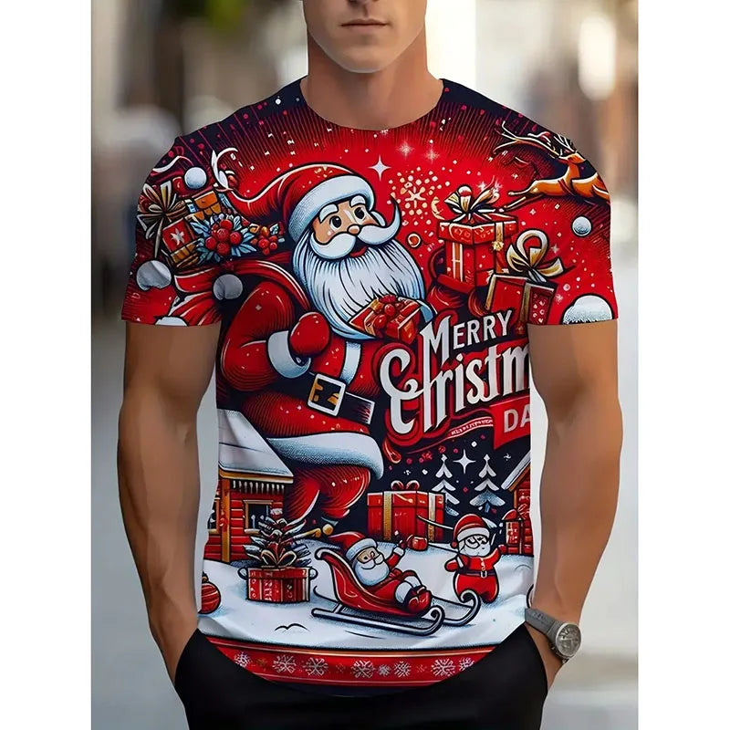 T-shirt Noël unisexe 2026 — père noël imprimé, mignon, drôle, manches courtes, cadeau enfant