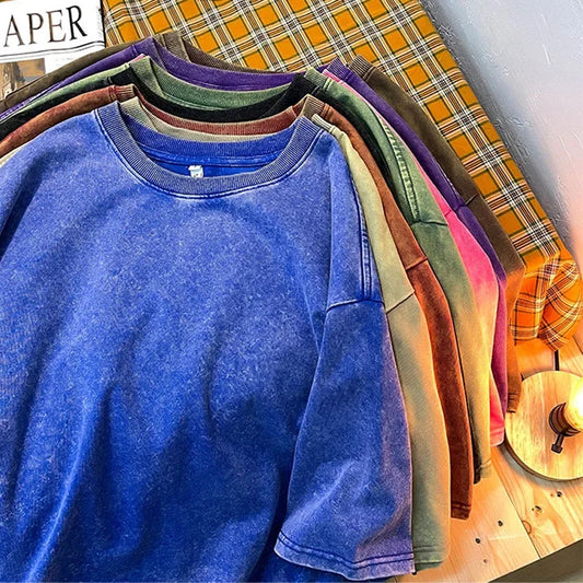 230g American Cotton Oversized T-Shirts Men Summer Vintage Washed T-Shirts Casual Short Sleeve Basic Men Tops