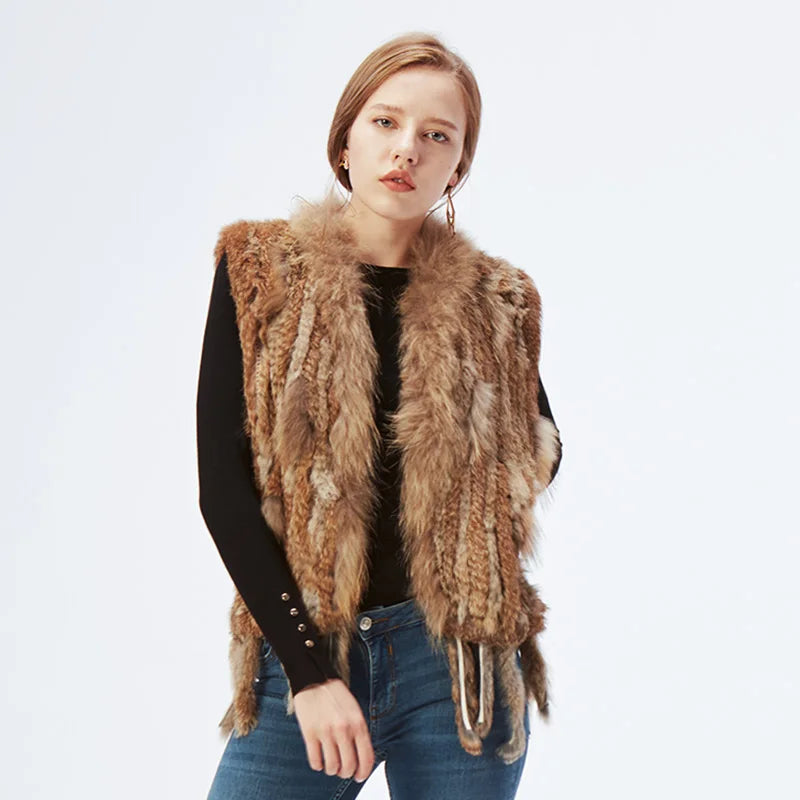 Gilet à glands en véritable fourrure de lapin tricoté — vintage, garniture fourrure raton laveur