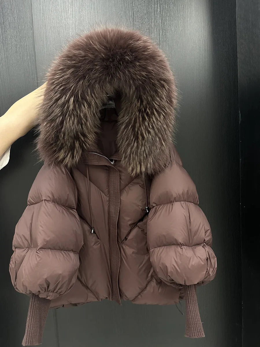 Hiver à capuche naturel grand col de fourrure doudoune femmes court blanc canard vers le bas vêtements d'extérieur femme lanterne manches chaud matelassé veste