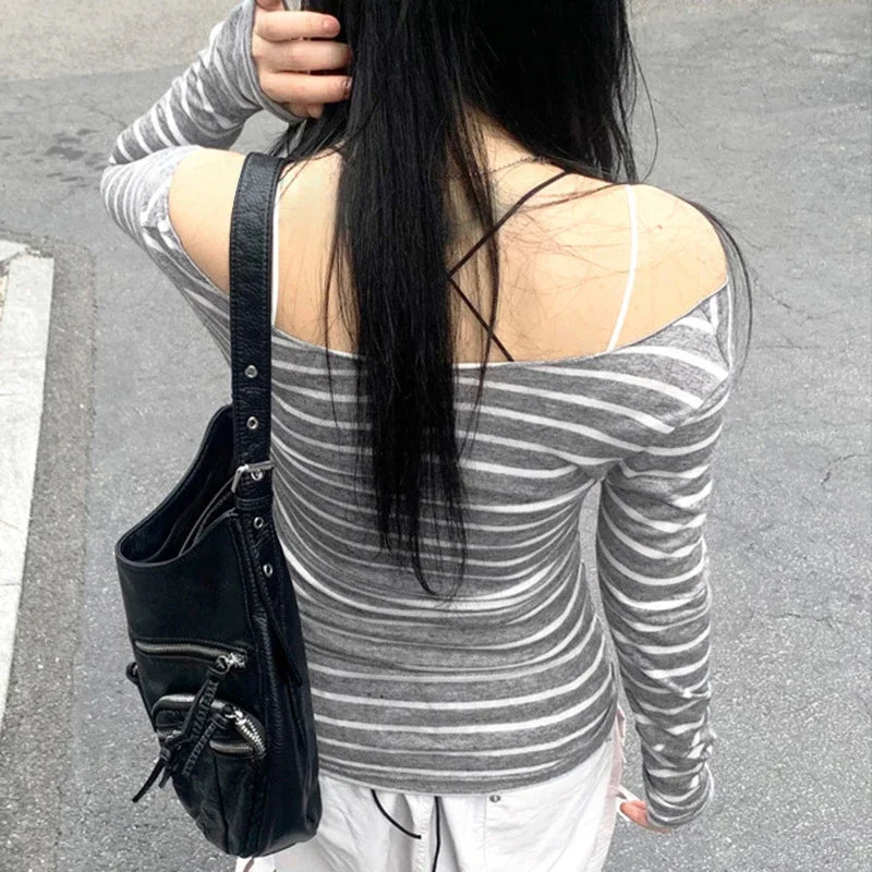 Women's Striped Long Sleeve T-Shirt, New Japanese Basic Styles, Slim, Strapless, Y2K Korean Street Style, Spring Autumn