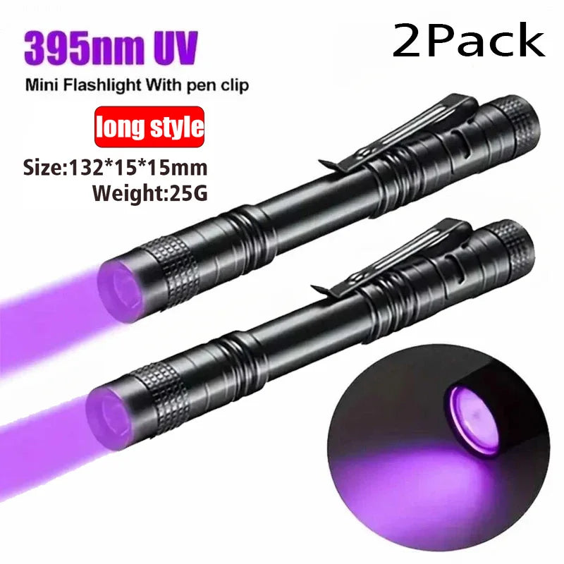 Linterna UV 395nm, antorcha ultravioleta con clip para bolígrafo, pilas AAA portátiles usadas, luz morada, detector de orina de mascotas y escorpiones, lámpara UV