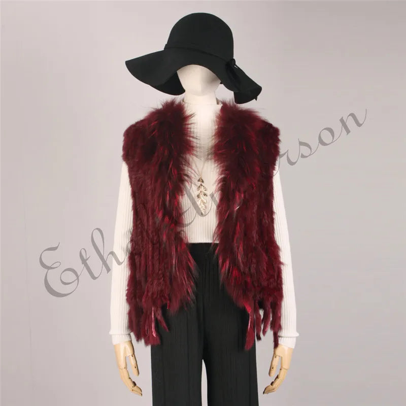 Gilet à glands en véritable fourrure de lapin tricoté — vintage, garniture fourrure raton laveur