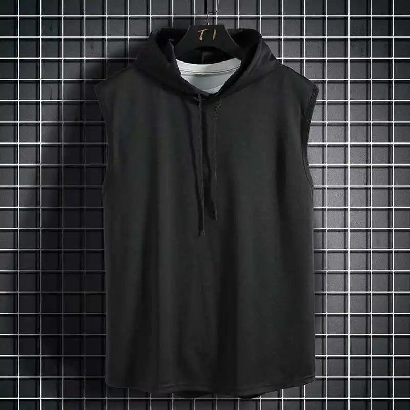 Hombres corbata cuello con capucha sin mangas chalecos masculino verano suelto sólido camiseta Hip Hop tops