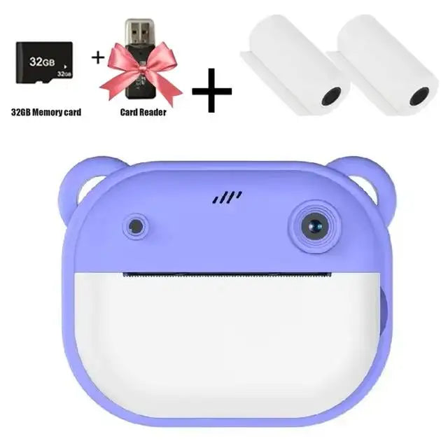 Instant camera for children, mini digital video camera for children, 1080P screen, thermal paper printing + 32G memory card