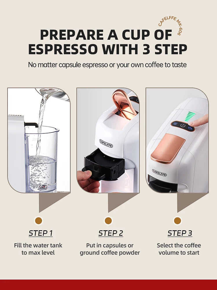 Cafelffe - 5-in-1 Coffee Machine, compatible with Dolce Gusto a.net, ESE pod, ground coffee, K-cup, 19 bar, hot/cold, gift