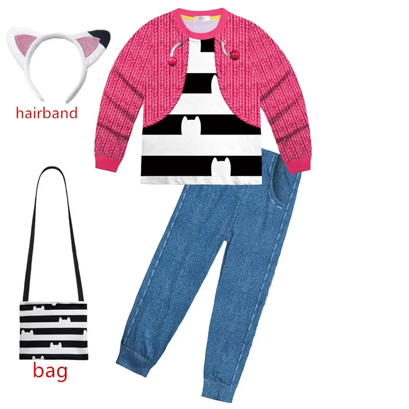Gabbys D-Dolhouse disfraz para niños peluca conjunto de pijama Gabby Cat niñas camiseta de manga larga + pantalón diadema conjunto de trajes de Halloween para niños
