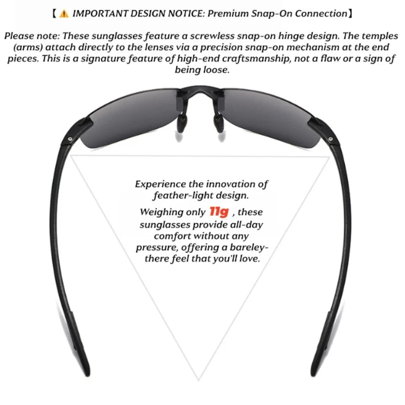 Lunettes de soleil polarisées sans cadre TR90 ultra légères 11 g – Coupe flexible et confortable, forme carrée pour la conduite, la pêche et l'extérieur