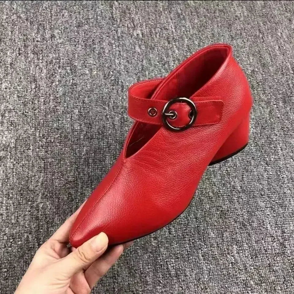 Zapatos de mujer de punta fina y tacón grueso, zapatos retro con hebilla, negros, de tacón alto, nueva colección 2024