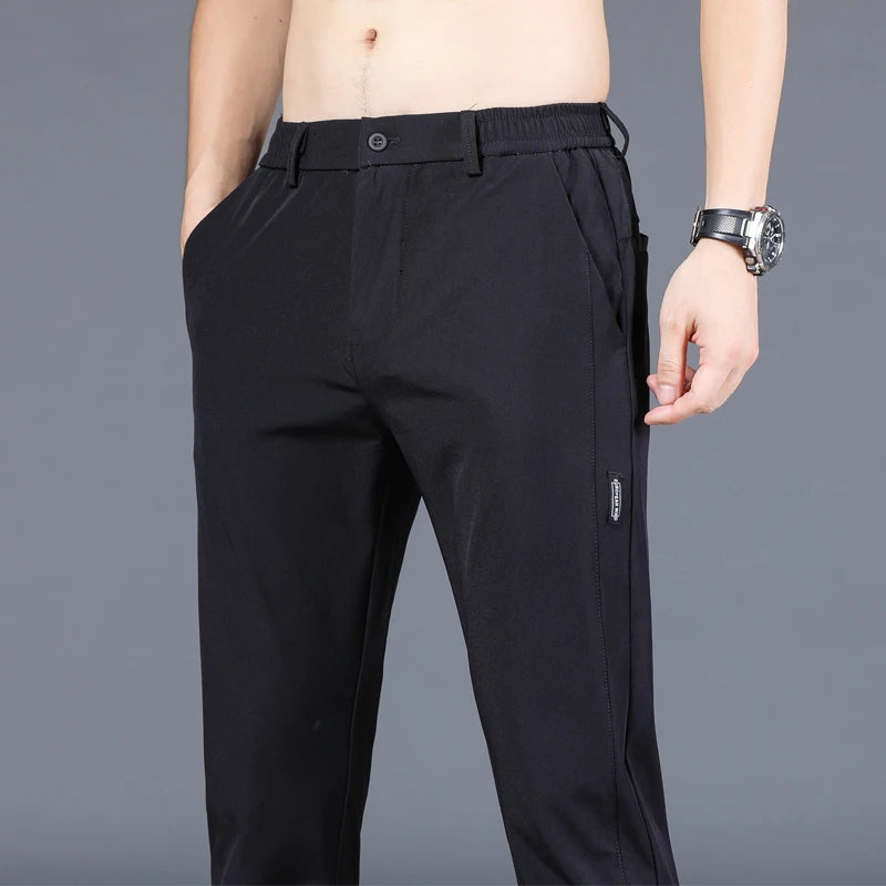 Pantalón fino de seda helada para hombre, elástico, informal, de cintura elástica, liso, ropa de marca, 5 colores, nueva colección de verano 2024