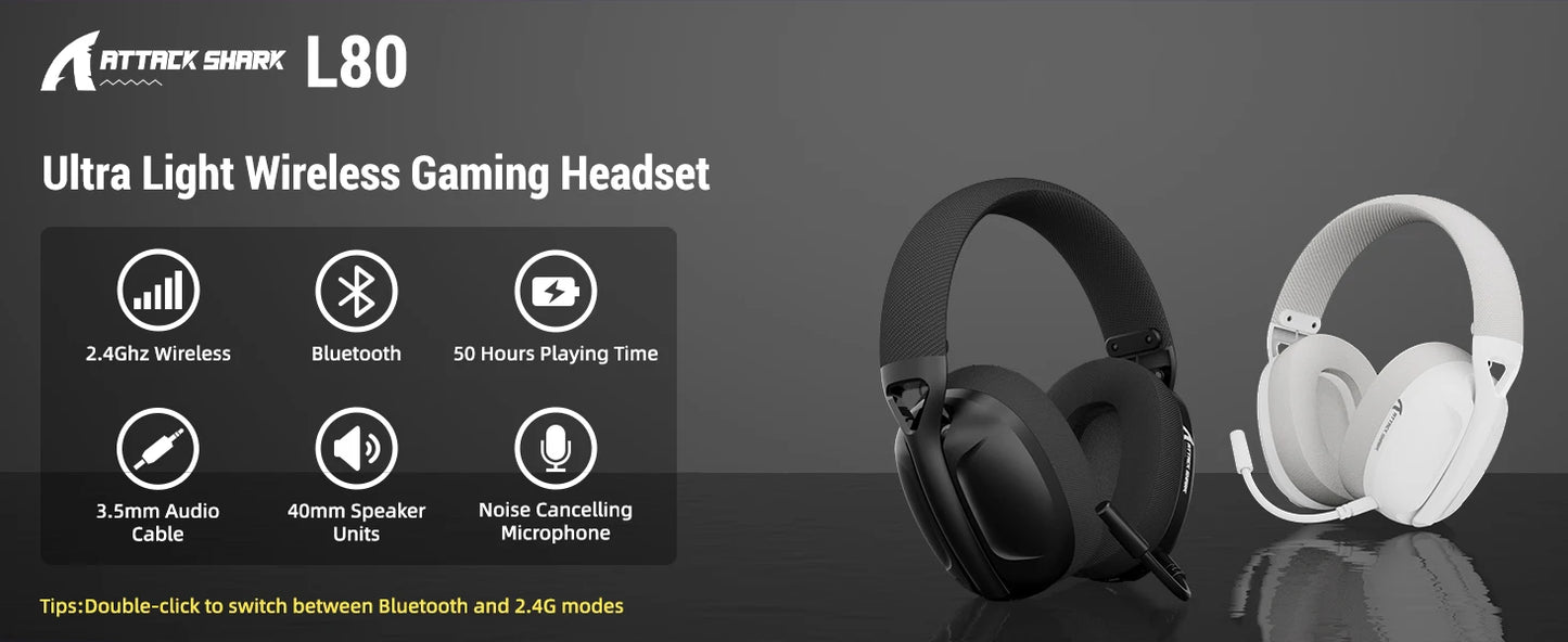 ATTACK SHARK L80 – Casque gaming ultra-léger 180g, Bluetooth/2.4G/filaire, son stéréo 5.1 canaux