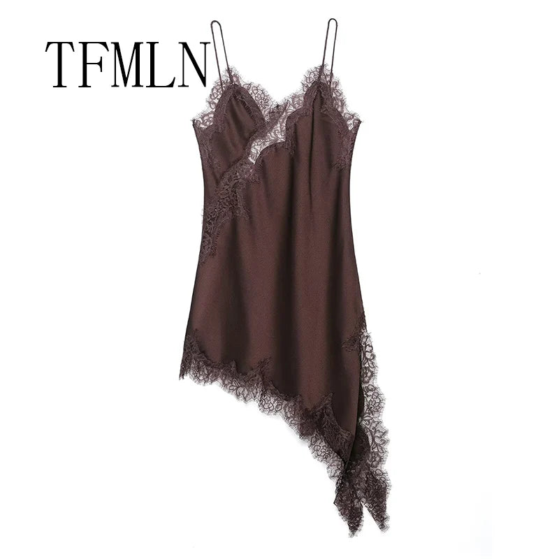 Women's Sexy Irregular Lace Dress Fashion V-Neck Hem Strap Long Dresses 2025 New Fashion Party Dresses